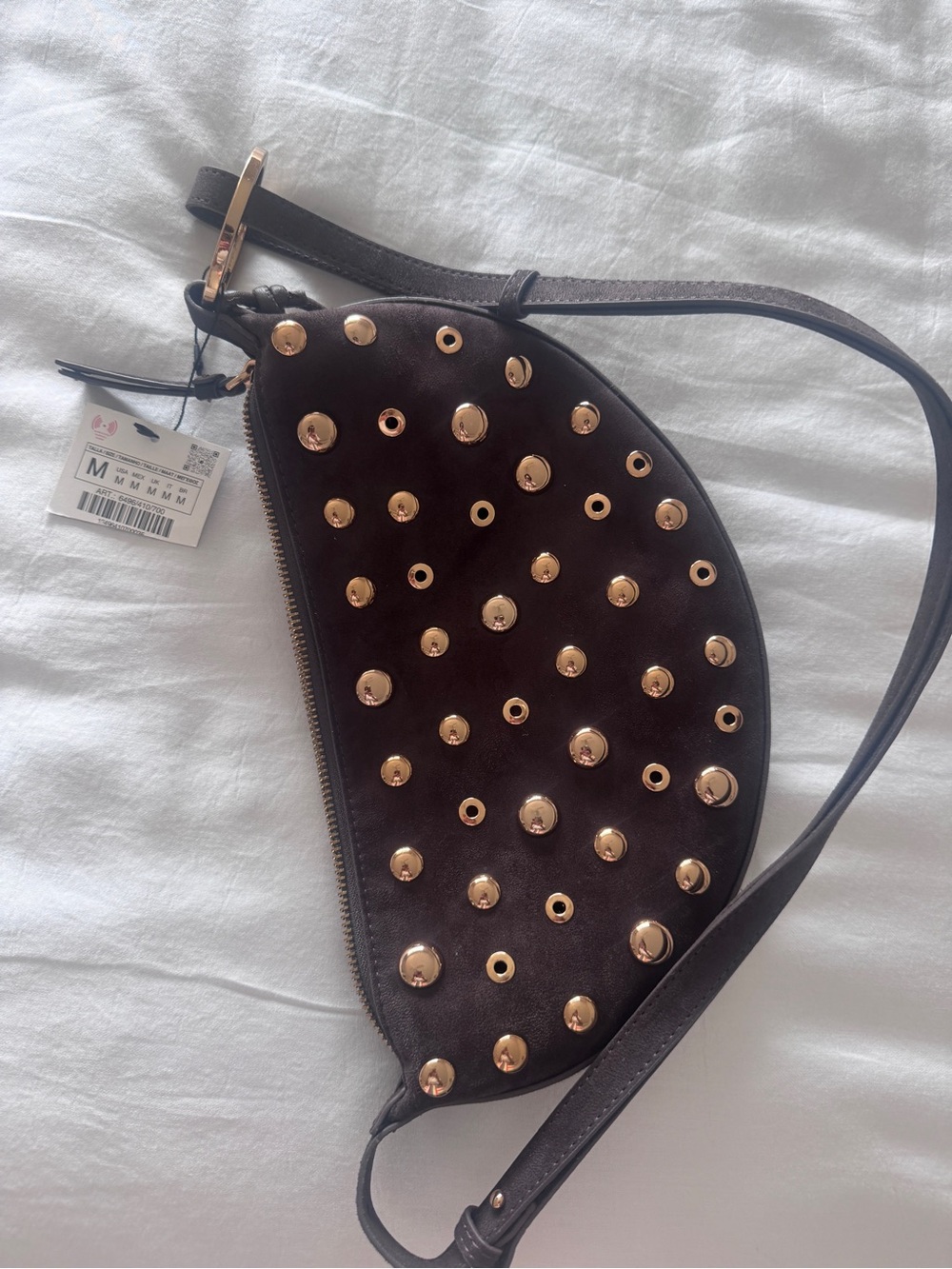 Zara Dark Brown Crescent Crossbody with Gold Stud Accents